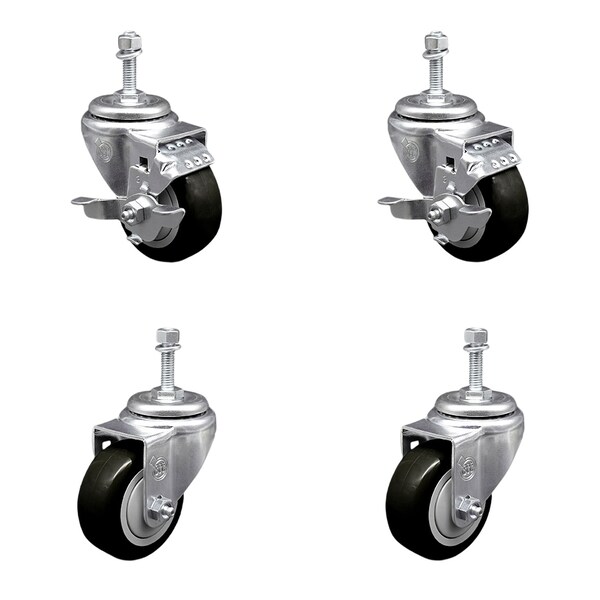 Service Caster 3 Inch Black Polyurethane Wheel Swivel 10mm Threaded Stem Caster Brake, 2PK SCC-TS20S314-PPUB-BLK-TLB-M1015-2-S2 - main